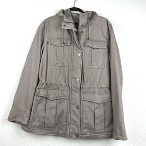 Lucky Brand Khaki Utility Jacket - L - Hooded Quilted Field Coat Utility Casual
